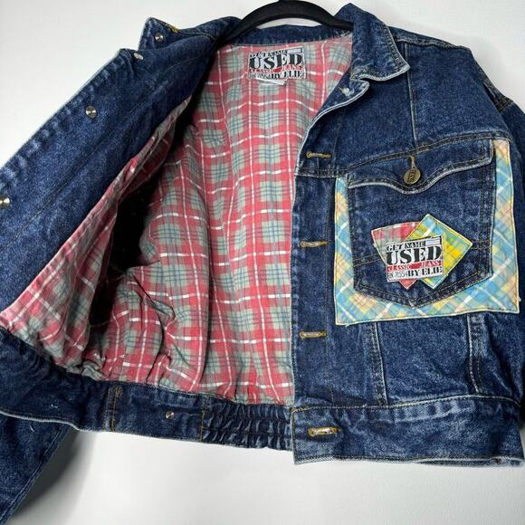 Vintage Get Used Denim Crop Jean Jacket Flannel Lined Patches Size Medium - Picture 5 of 8
